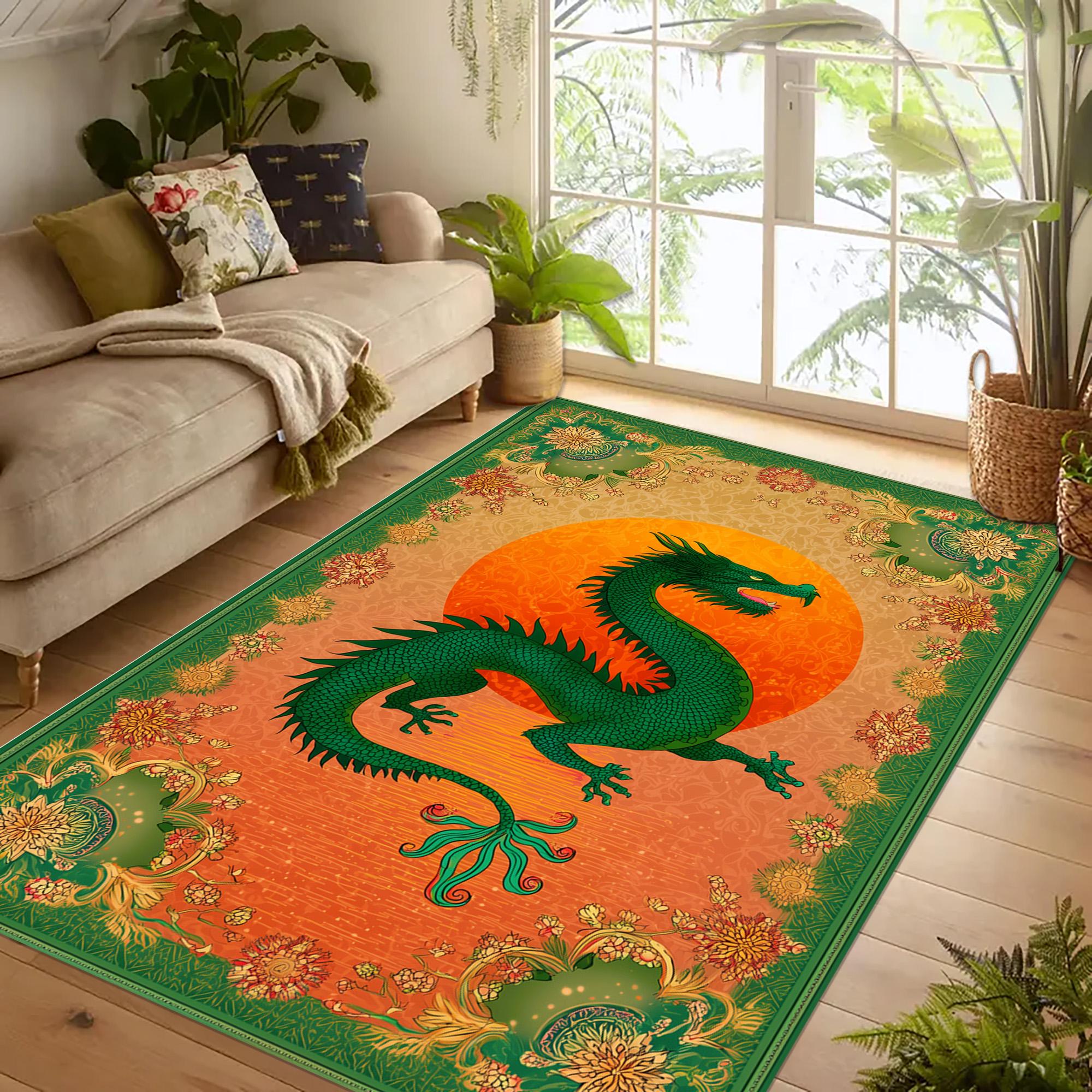 Green Chinese Dragon Rug: Mythic Oriental Fantasy, Bold Sunset