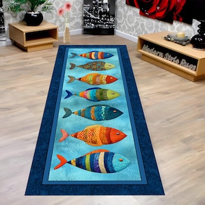 Colorful Fish Runner Rug: Playful Ocean, Striped Tropical Sea , Aquatic Kids Room Coastal  Carpet