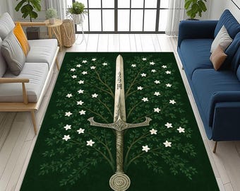 Fantasy Sword Rug: Medieval Botanical Blade, Floral Elven Gaming Room Lord Rings Fantasy Carpet