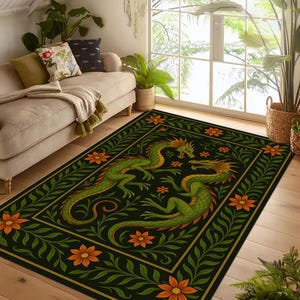 Tapete de dragão verde, tapete de dragão de fantasia, tapete de dragão medieval, tapete de dragão floral, tapete de criatura mítica, tapete de dragão ornamentado, tapete de fantasia escura