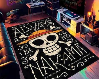 May include: Black rectangular rug with a white skull and crossbones design, a straw hat, and the text "YOU WILL ALWAYS BE MY NAKAMA". A gaming room accessory.