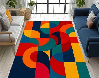 抽象的な幾何学模様のラグ：モダンアートのカラフルなフロアカーペット