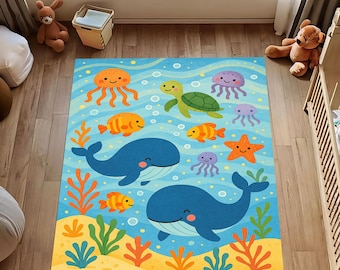 Unterwasser Ozean Teppich: Wal Fisch Schildkröte Design, Blaue Meerestiere Muster, Kinderzimmer Dekor