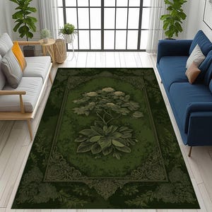 green botanical rug,vintage floral rug,dark green flower rug,elegant botanical rug,classic floral rug,ornate border rug,leaf pattern rug