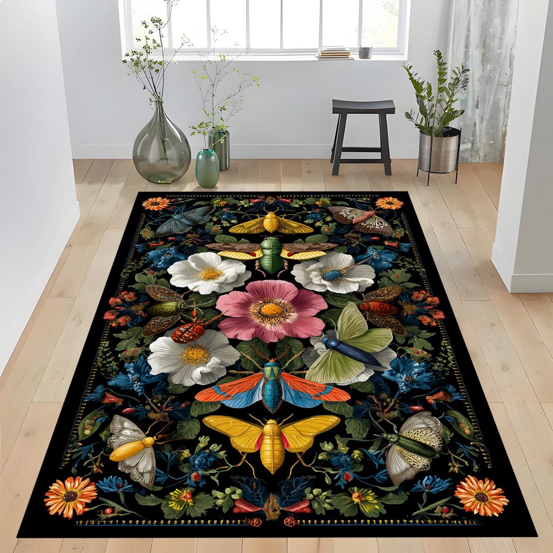 Botanical Insect Rug: Colorful Floral Beetle Moth Carpet, Vibrant ...
