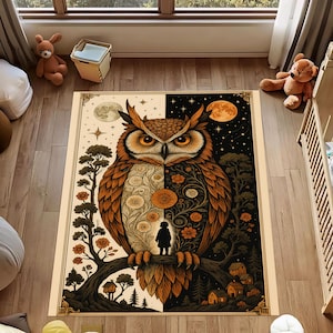 owl rug,moon sun rug,celestial owl rug,day night rug,cosmic owl rug,mystical bird rug,starry night rug,spiritual owl rug,ornate owl rug