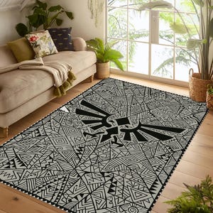 Zelda rug, triforce rug, hyrule rug, legend rug, gamer rug, video game rug, fantasy rug, black gray rug, gaming room rug, kids room rug