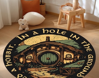 Fantasy Storybook Rug: Whimsical Cottage Door Illustration, Golden Green Circle Design Decor, Cozy Fairytale