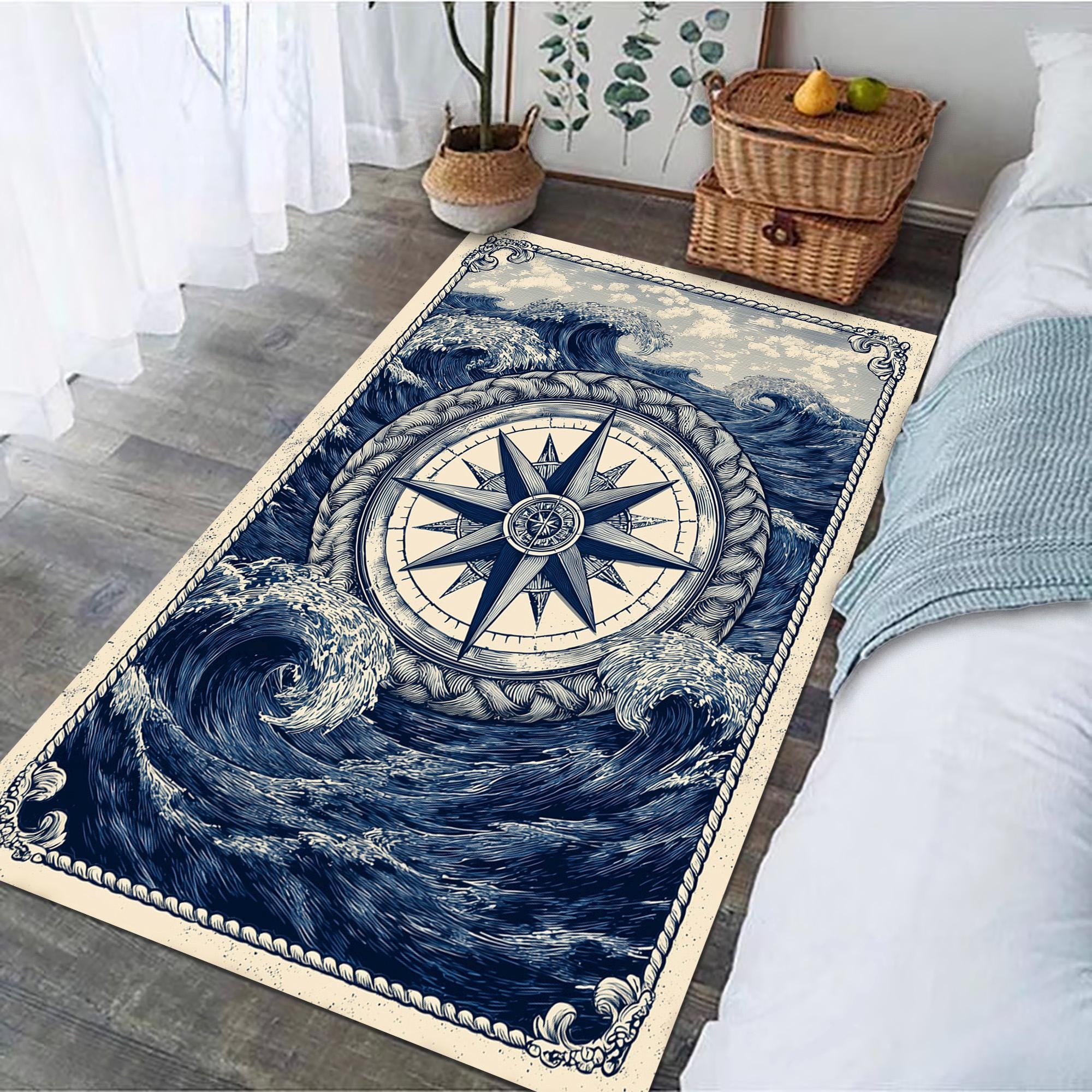 Retro Nautical Compass Rug: Ocean Wave Maritime, Navy Blue Sea Coastal ...
