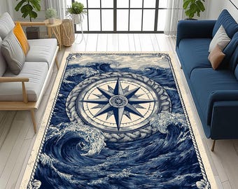 Retro Nautical Compass Rug: Ocean Wave Maritime, Navy Blue Sea Coastal Living Room  Carpet