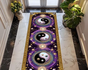 Cosmic Yin Yang Runner Rug: Spiritual Galaxy Zen, Mystical Energy , Celestial Boho Decor Carpet