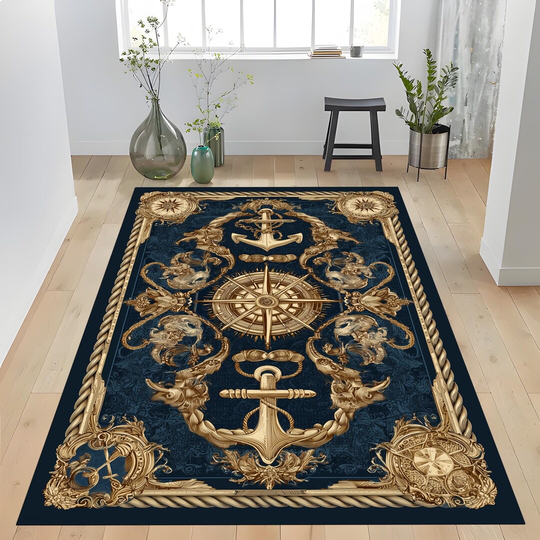 Nautical Anchor Rug: Gold Compass Wheel Carpet, Navy Blue Marine ...