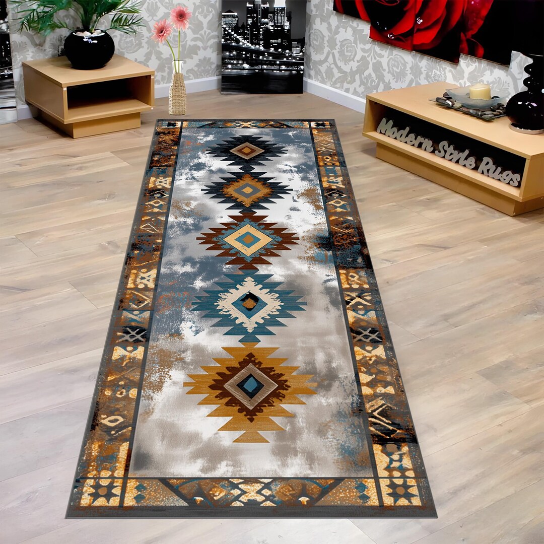 Diamond Runner Rug Southwestern Diamond Runner Rug: Tribal Geometric Pattern, Blue Gold ...