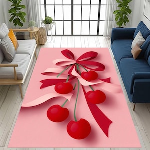 cherry rug,red cherry rug,pink bow rug,cute rug,fruit rug,romantic rug,kawaii rug,decorative rug,playful rug,sweet rug,fun rug