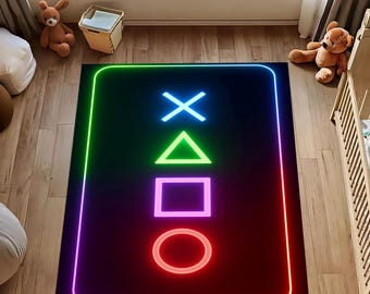 Neon Gamer Rug: Controller Buttons Arcade, Joystick Icons , Game Room Gaming Decor Fun Carpet