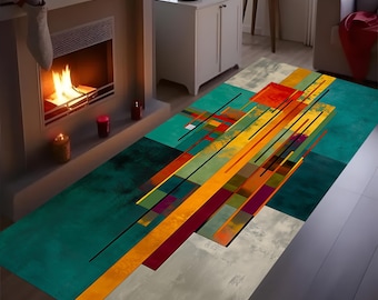 Abstract Geometric Runner Rug: Color Block Retro Lines, Mid Century Colorful , Corridor Hallway Carpet