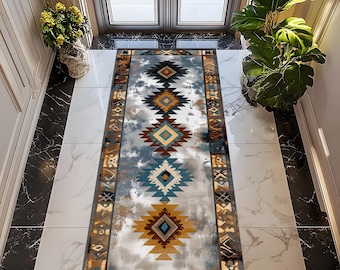 Southwestern Diamond Runner Rug: Tribal Geometric Pattern, Blue Gold Brown Distressed Style, Hallway Decor