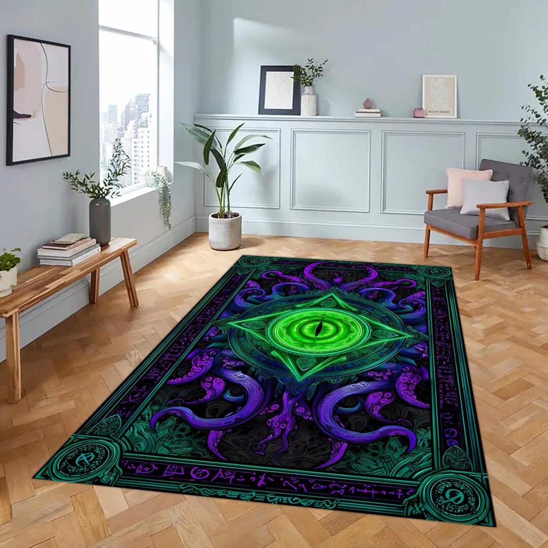 Cthulhu Eye Rug: Lovecraft Horror Design, Green Purple Tentacle Pattern ...