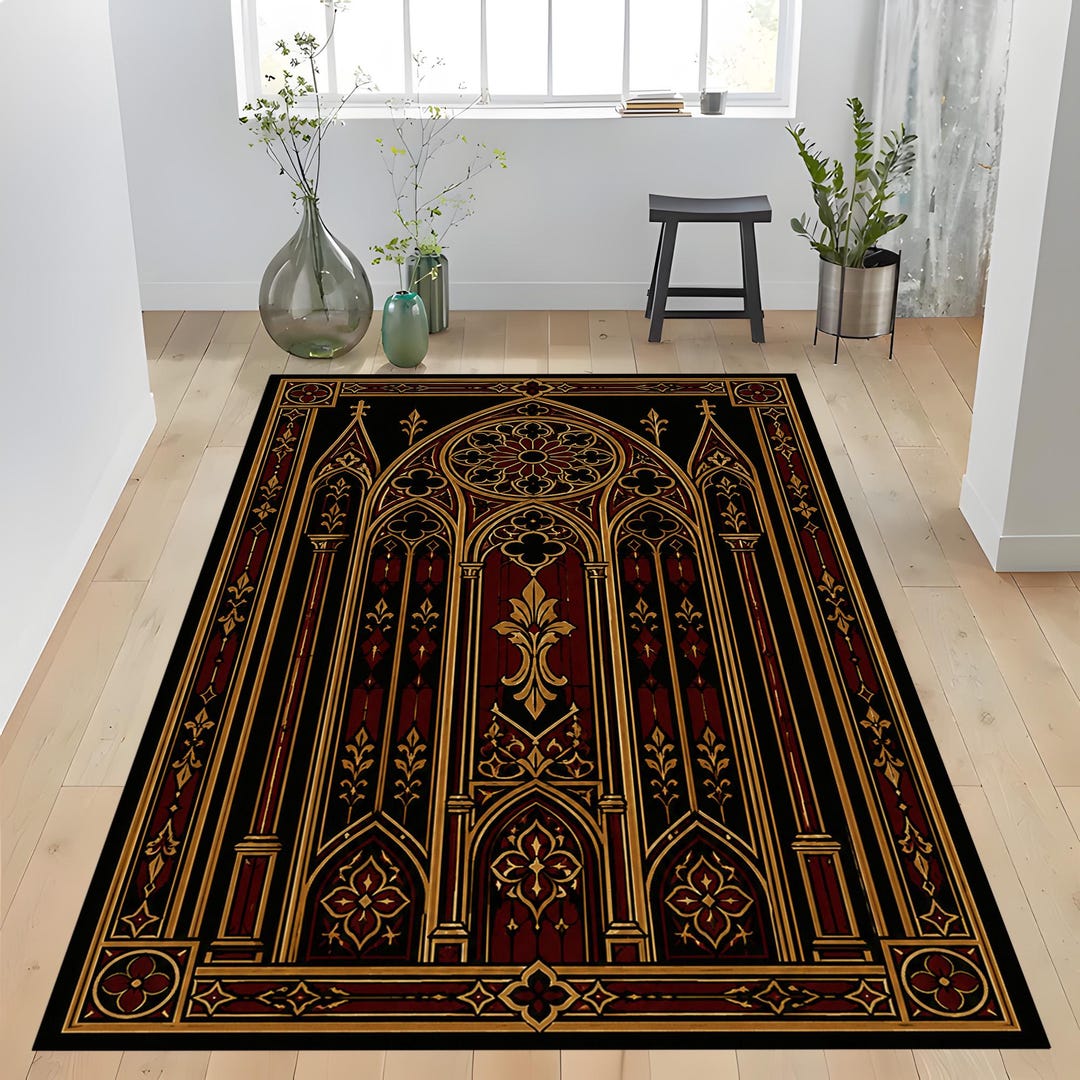 Cathedral Rug Gothic Cathedral Rug: Black Gold Arch Carpet, Medieval Window Pattern ...