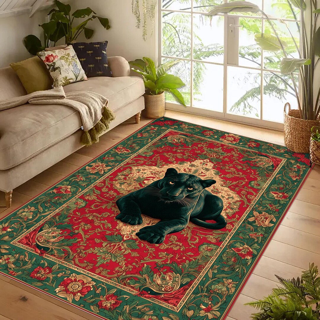 Floral Panther Rug: Exotic Wildlife Black Big Cat, Ornamental Animal ...