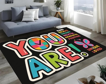 Colorful Motivational Rug: Bright Positive Words Carpet, Rainbow Typography Design Uplifting Decor