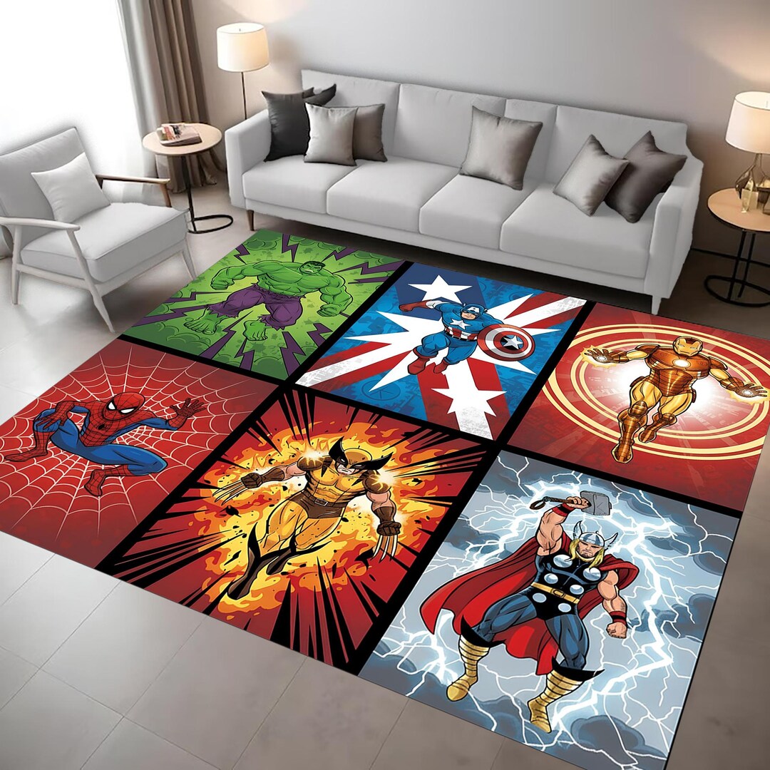 Action Figure Rug Avengers Kids Rug: Superhero Game Room, Spider Man Hulk Thor, Ironman ...
