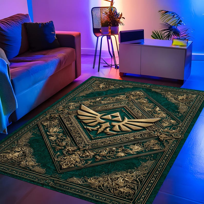 Rectangular Rug Emblem Zelda Triforce Rug: Gold Hylian Crest Carpet, Green Fantasy Emblem ...