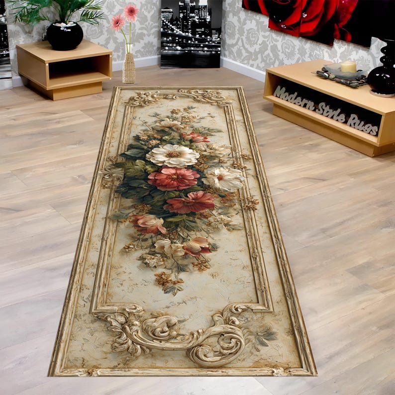 Floral Baroque Runner Rug: Ivory Red Botanical Carpet, Vintage Flower ...