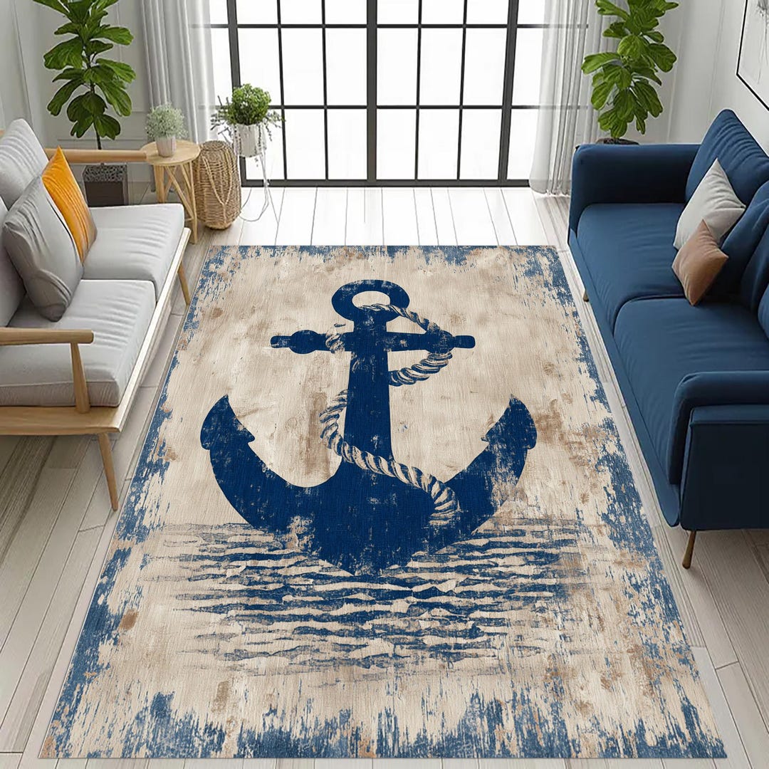 Distressed Anchor Rug: Rustic Nautical Ocean Theme, Blue Coastal Pirate ...
