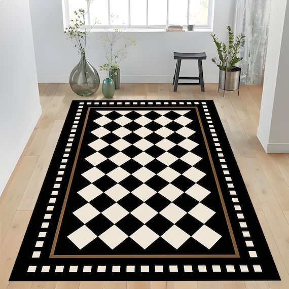 Checkered Black Ivory Rug: Geometric Diamond Carpet, Modern Bold Pattern, Classic Stylish Decor