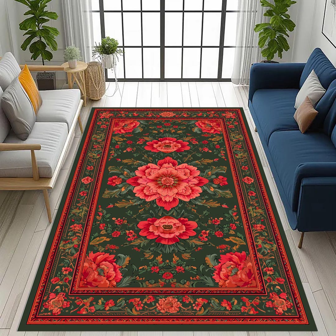 Floral Garden Rug: Red Peony Bloom Design, Dark Green Background ...