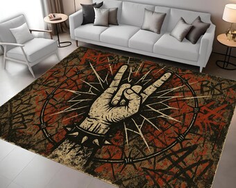 Metal Hand Sign Rug: Music Room Carpet,Rock Horns, Spiked Bracelet, Gothic Decor