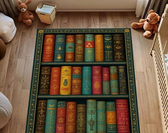 Enchanted Library Rug: Ornamental Whimsical Mystical Bookshelf Carpet, Reading Room Decor