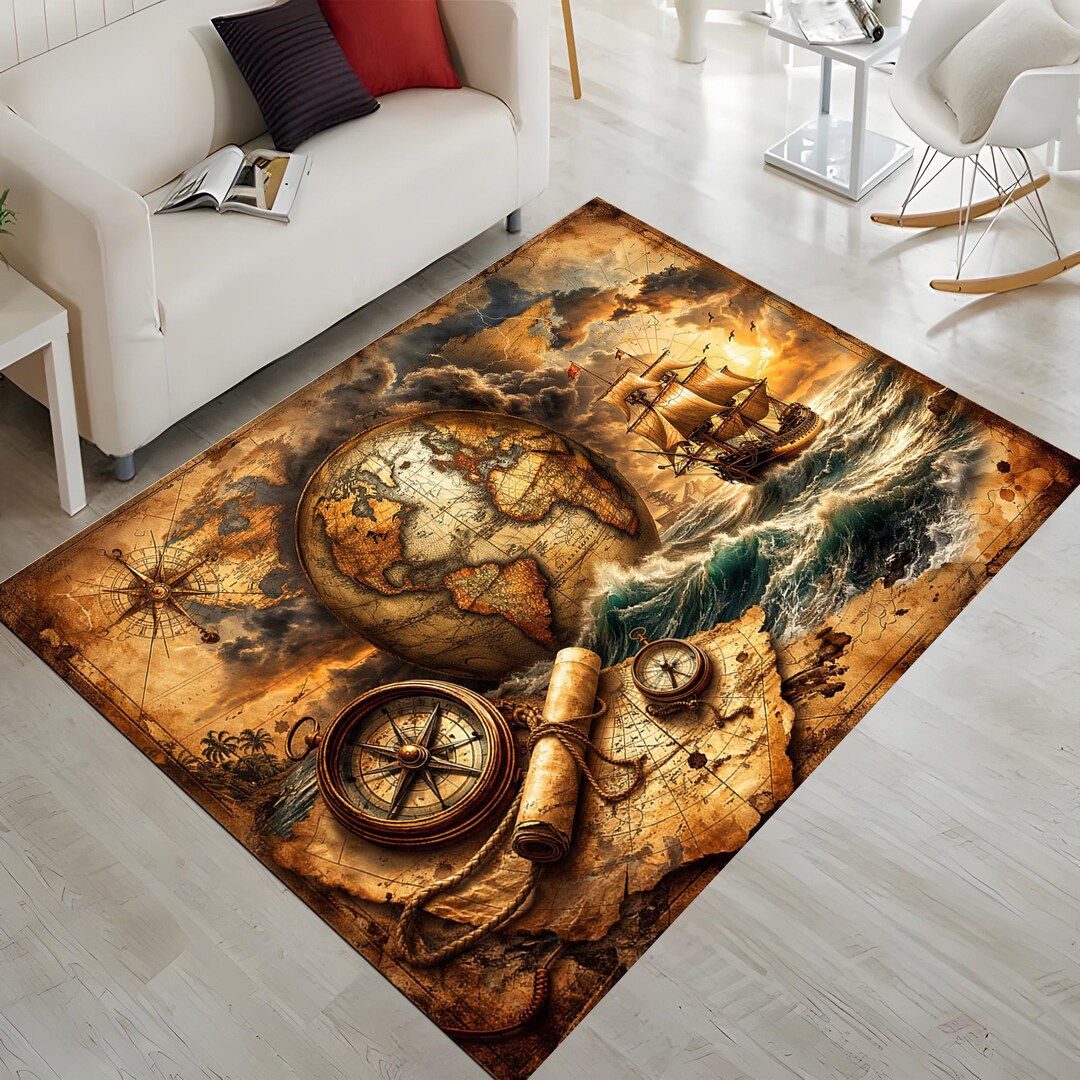 World Explorer Rug Antique World Map Rug: Gold Ocean Waves Pattern, Nautical Maritime ...