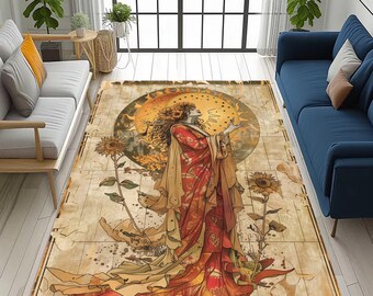 Puede incluir: Una alfombra rectangular con una ilustración de una mujer con un vestido rojo y dorado, girasoles y un diseño de sol y luna. La alfombra tiene un aspecto envejecido y vintage con un fondo beige y un borde marrón.