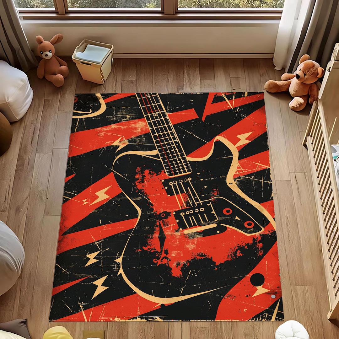 Electric Guitar Rug: Red Black Rock Music, Retro Concert Grunge Band ...