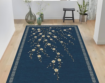 Japanese Cherry Blossom Rug: Navy Blue Sakura Floral Carpet, Oriental Botanical Living Room Decor
