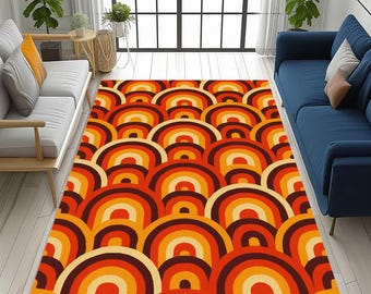 Retro Rainbow Rug: 70s Mid Century Geometric, Boho Orange Living Room Decor Carpet