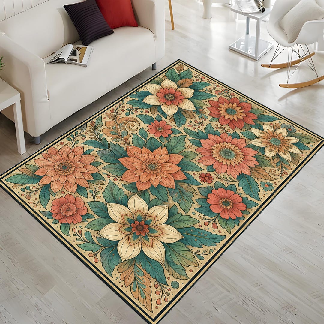 Floral Bloom Rug: Botanical Flower Pattern, Beige Background, Orange ...