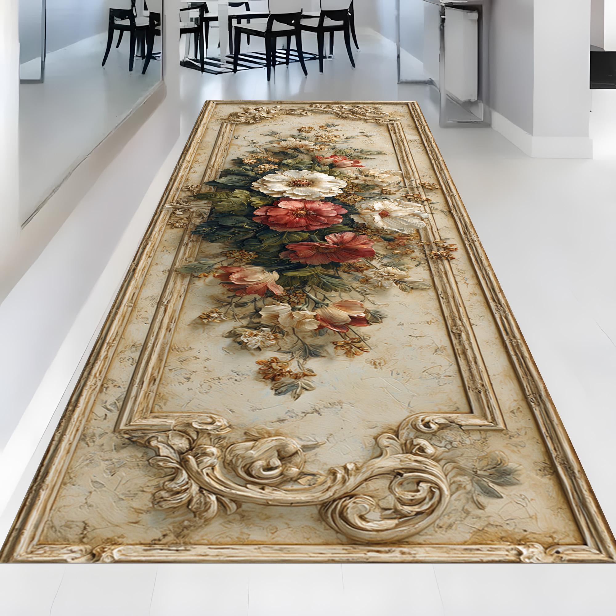 Floral Baroque Runner Rug: Ivory Red Botanical Carpet, Vintage Flower ...