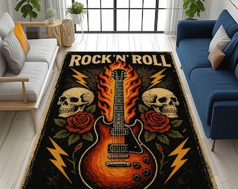 Flaming Guitar Rock'n'Roll Rug: Gothic Skull & Rose Design