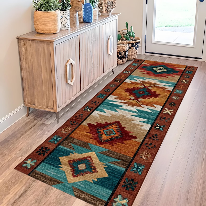 Southwestern Aztec Runner Rug: Rustic Tribal Diamond Carpet, Turquoise ...
