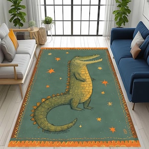 crocodile rug,alligator rug,dinosaur rug,cute animal rug,kids rug,cartoon rug,green reptile rug,star rug,fun rug,playroom rug