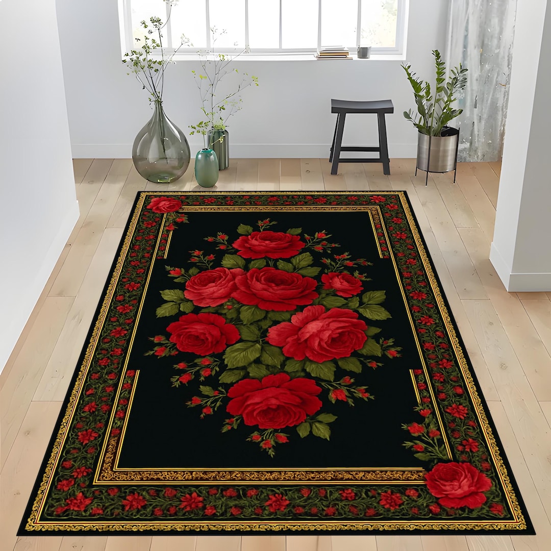 Floral Rose Rug: Red Blossom Carpet, Black Gold Border Design, Elegant ...