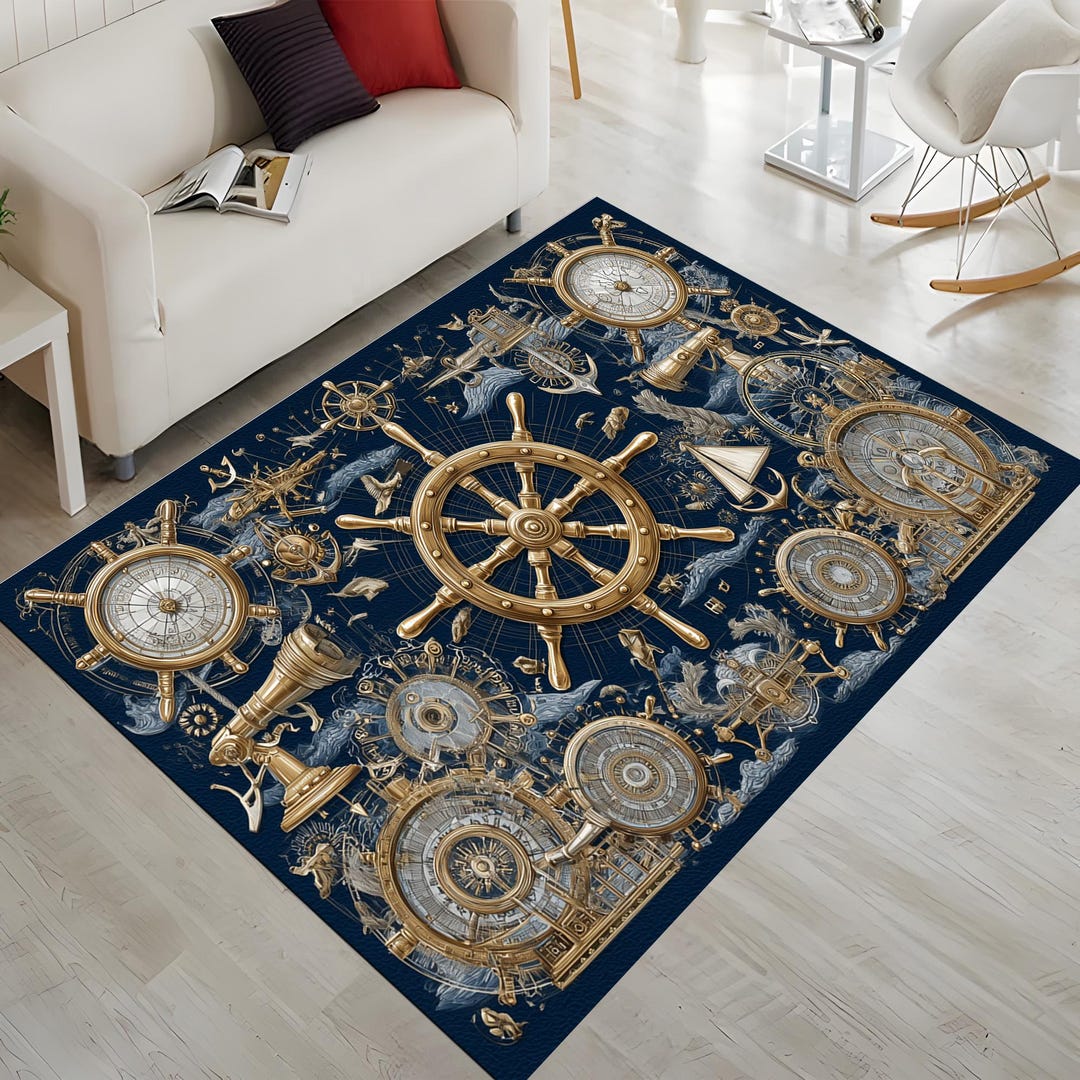 Nautical Compass Rug: Gold Ship Wheel, Navy Ocean Navigation, Maritime ...