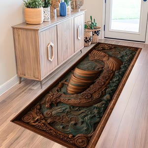 May include: A rectangular, intricately carved wooden rug featuring a Viking ship design. The rug has a dark brown frame and a detailed relief of a longboat sailing on teal-colored waves. The ship's sails and hull are shades of brown and gold.