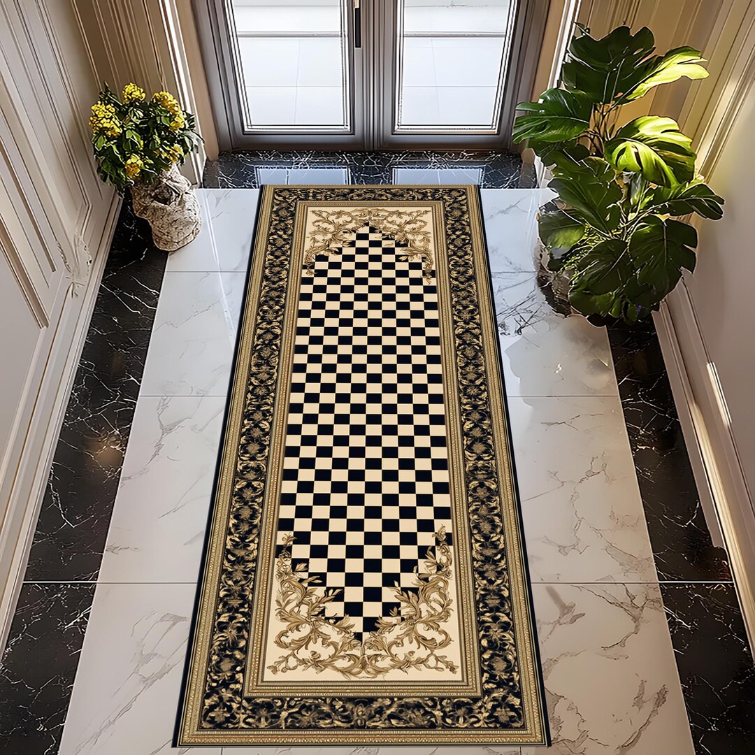 Baroque Checkerboard Runner Rug: Black Ivory Gold Floral Frame Pattern ...