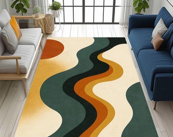 Tapete Retro Abstrato com Ondas: Geométrico Moderno de meados do século, Linhas Onduladas Coloridas, Padrão dos Anos 70