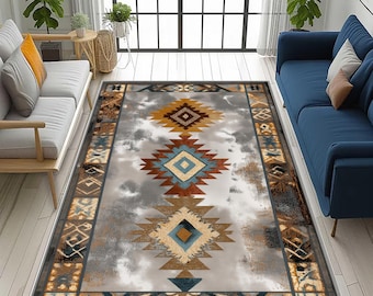 Southwestern Diamond Rug: Beige Brown Geometric Pattern, Tribal Aztec Design, Rustic Boho Home Decor