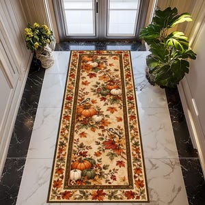 May include: A rectangular runner rug featuring a cream-colored background with a repeating pattern of orange and green pumpkins, autumn leaves in shades of red, yellow, and brown, and small birds perched on branches, framed by a dark brown border.